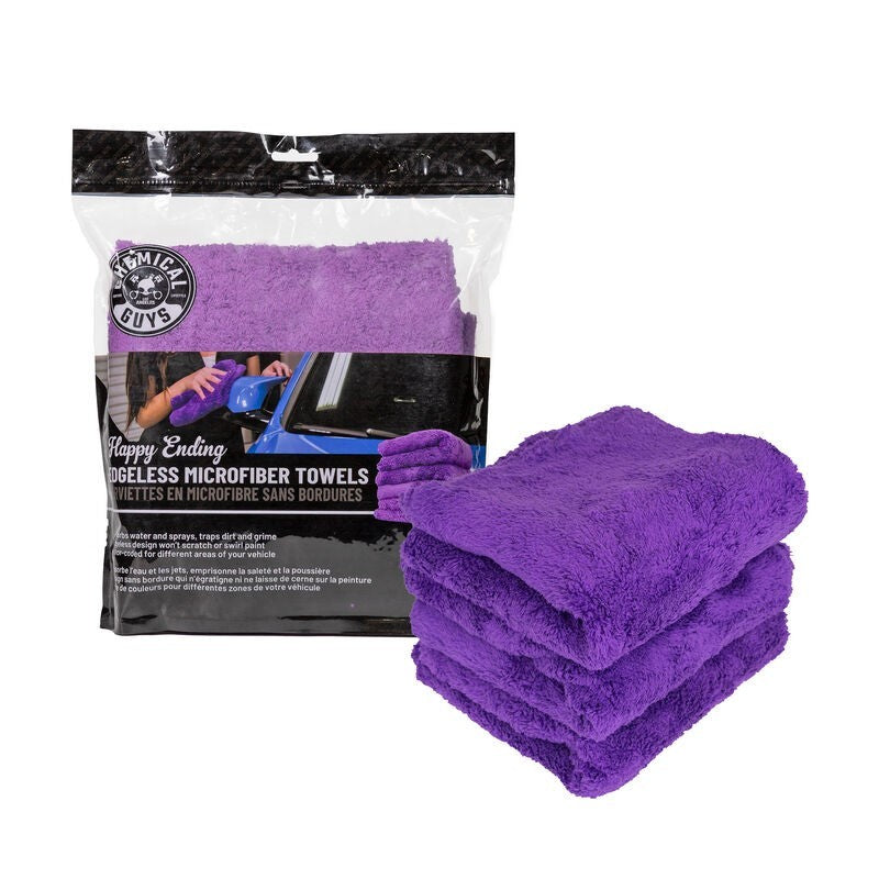 Chemical Guys Happy Ending Ultra Edgeless Microfiber Towel - 16in x 16in - Purple - 3 Pack (P16)